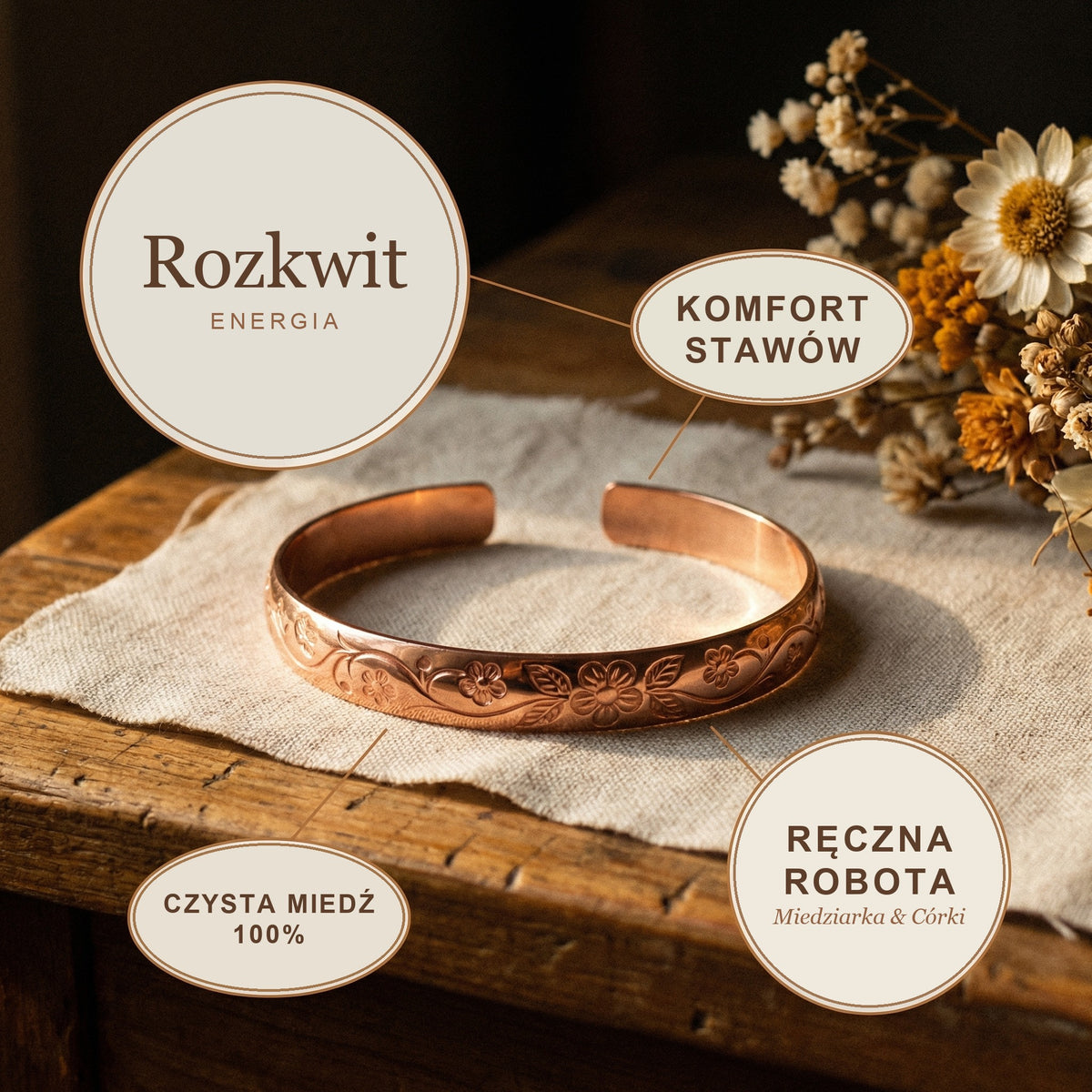 Bransoletka Miedziana Rozkwit, energia miedzi