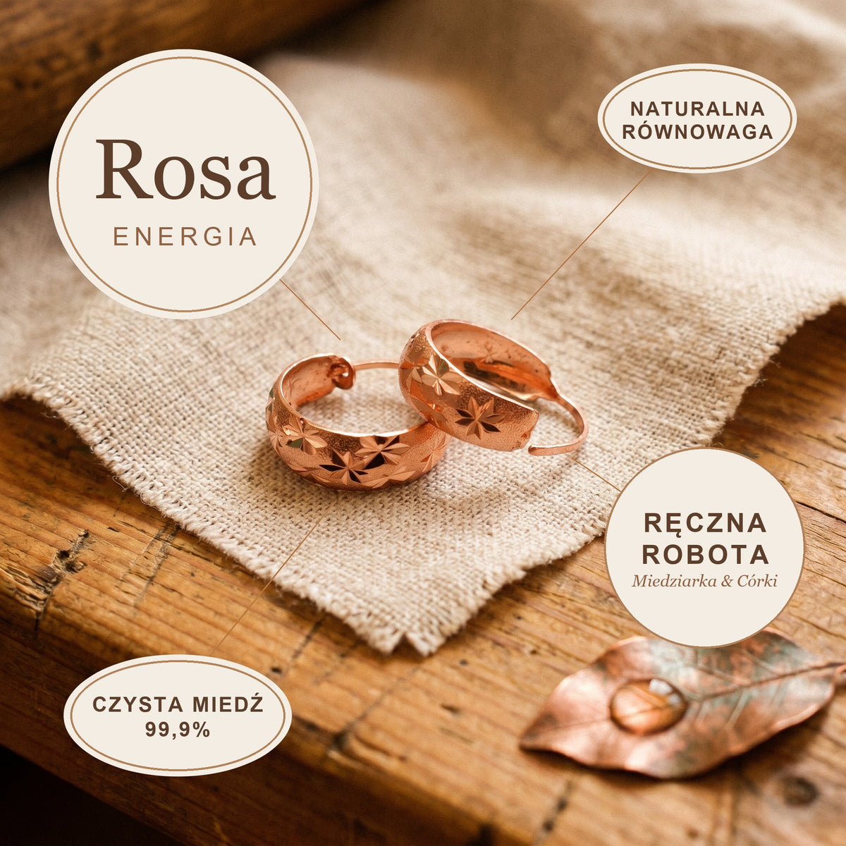 Kolczyki Miedziane Rosa, energia miedzi