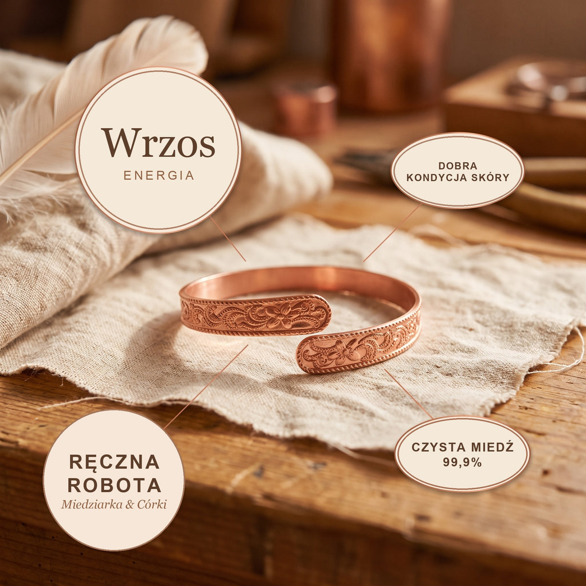 Bransoletka Miedziana Wrzos, energia miedzi