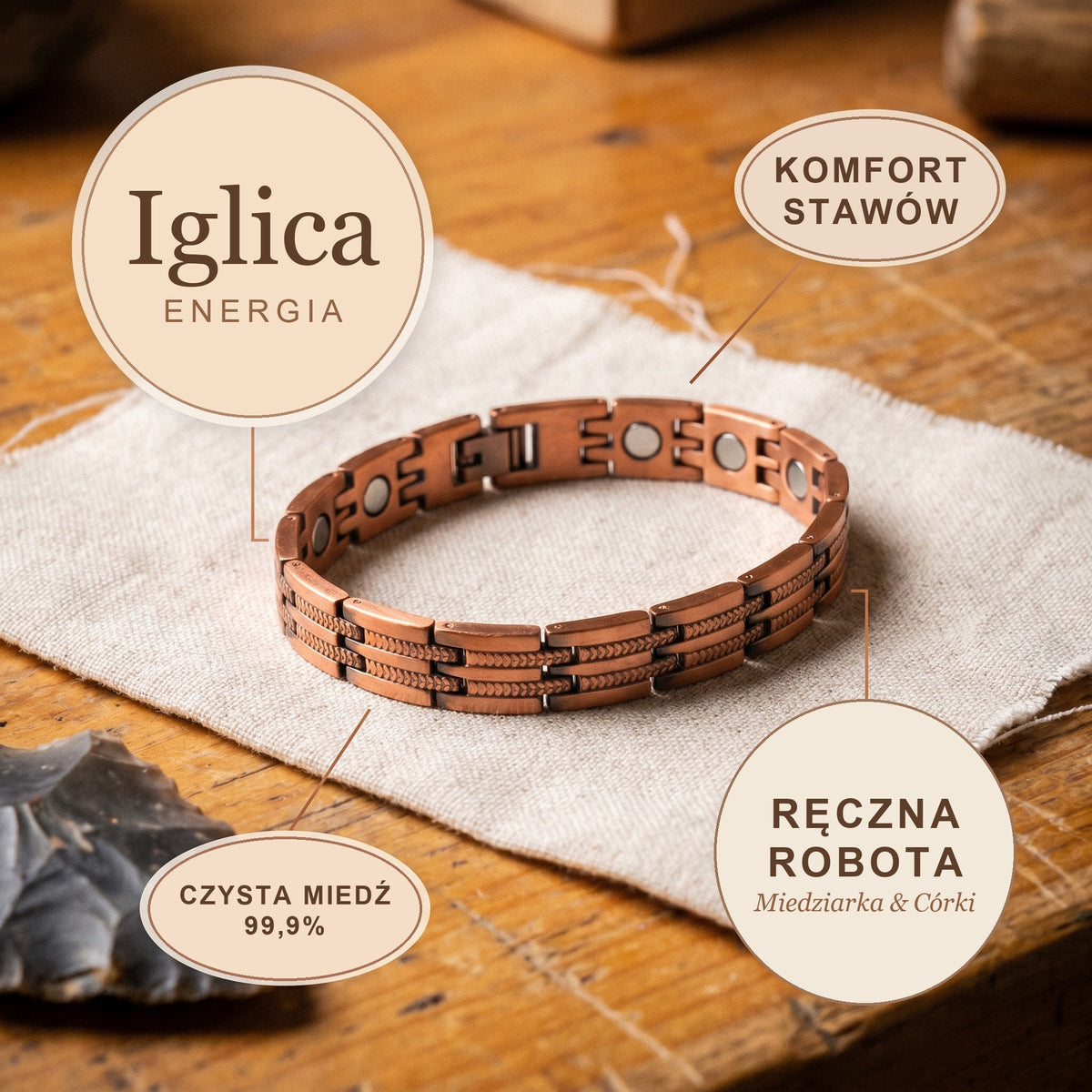 Bransoletka Miedziana Męska Iglica, energia miedzi