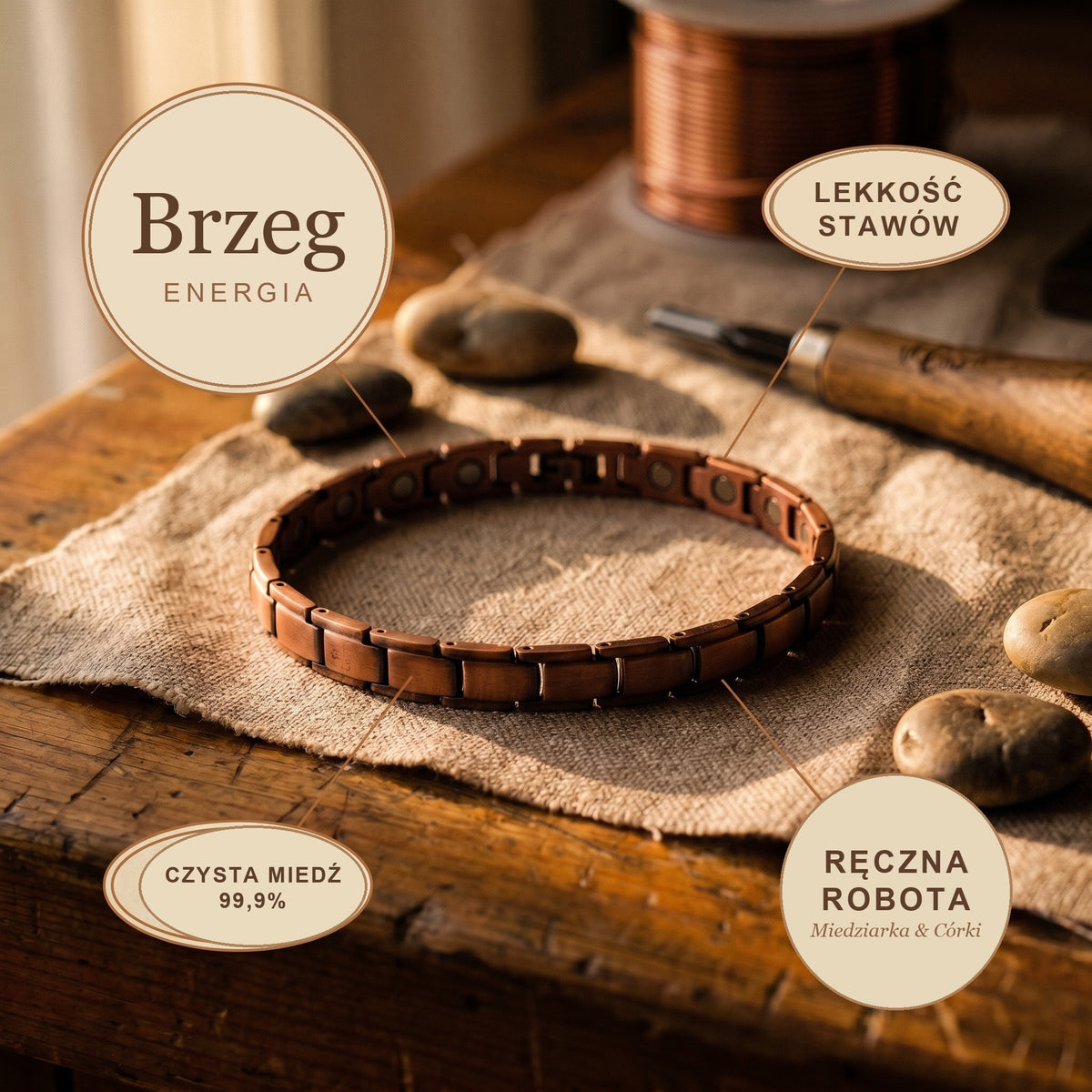 Bransoletka na Kostkę Miedziana Brzeg, energia miedzi