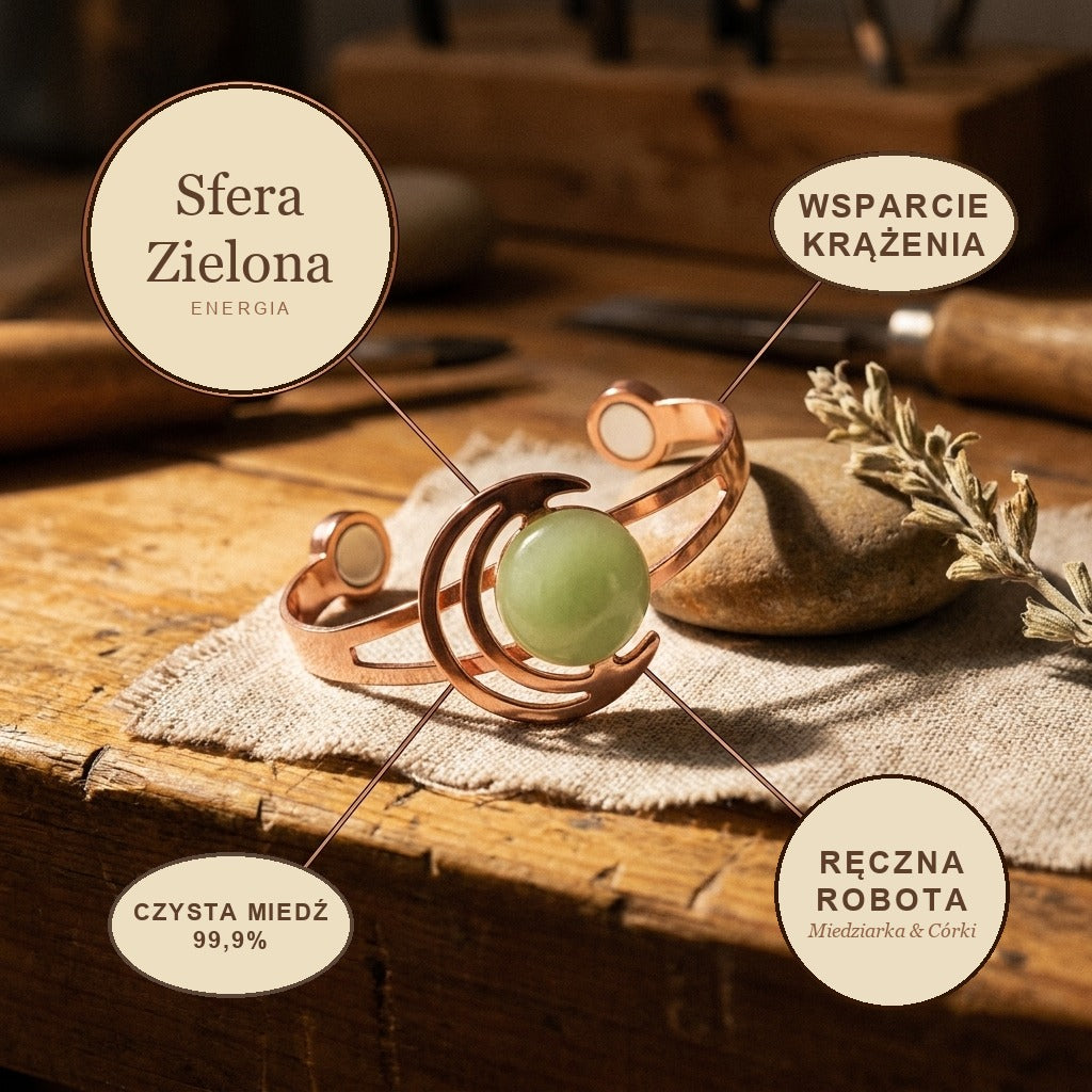 Bransoletka Miedziana Sfera Zielona, energia miedzi