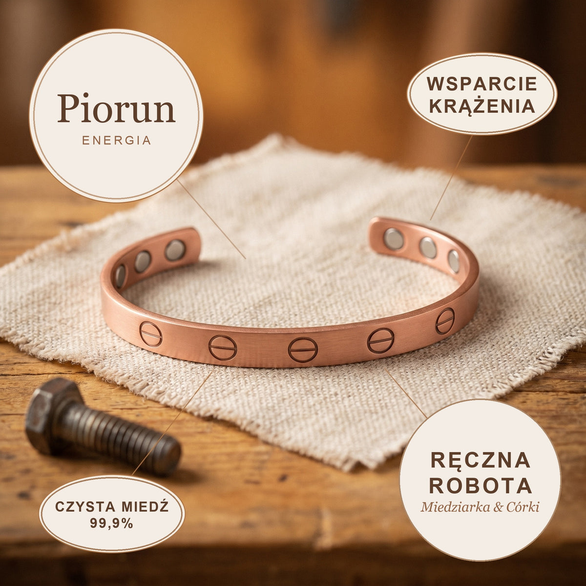 Bransoletka Miedziana Piorun, energia miedzi