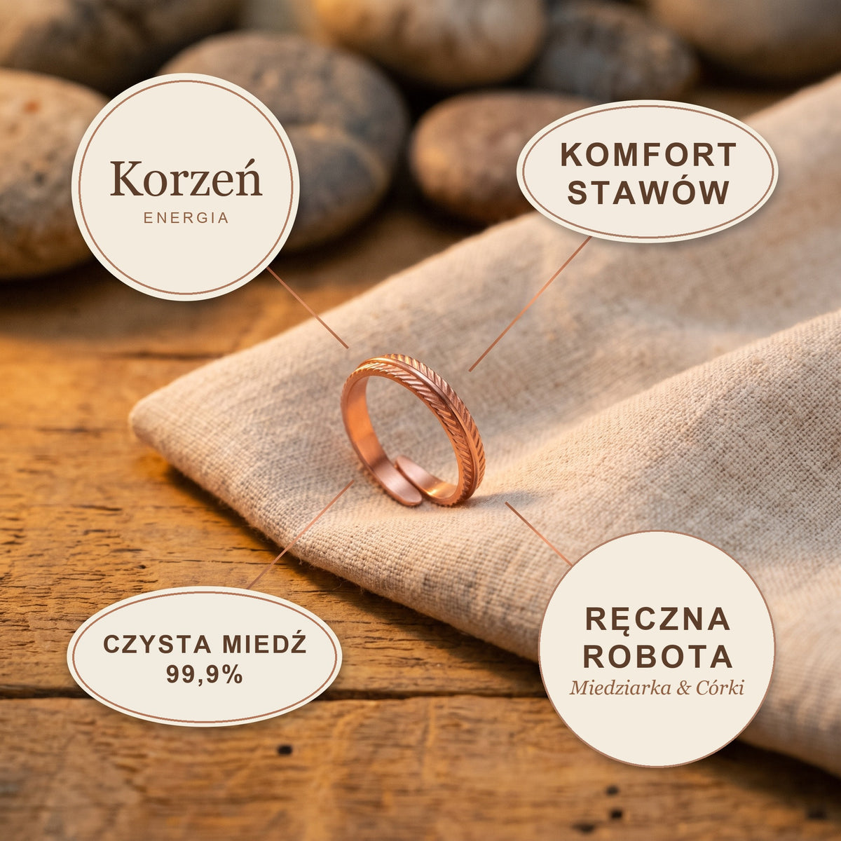 Pierścionek Miedziany Korzeń, energia miedzi