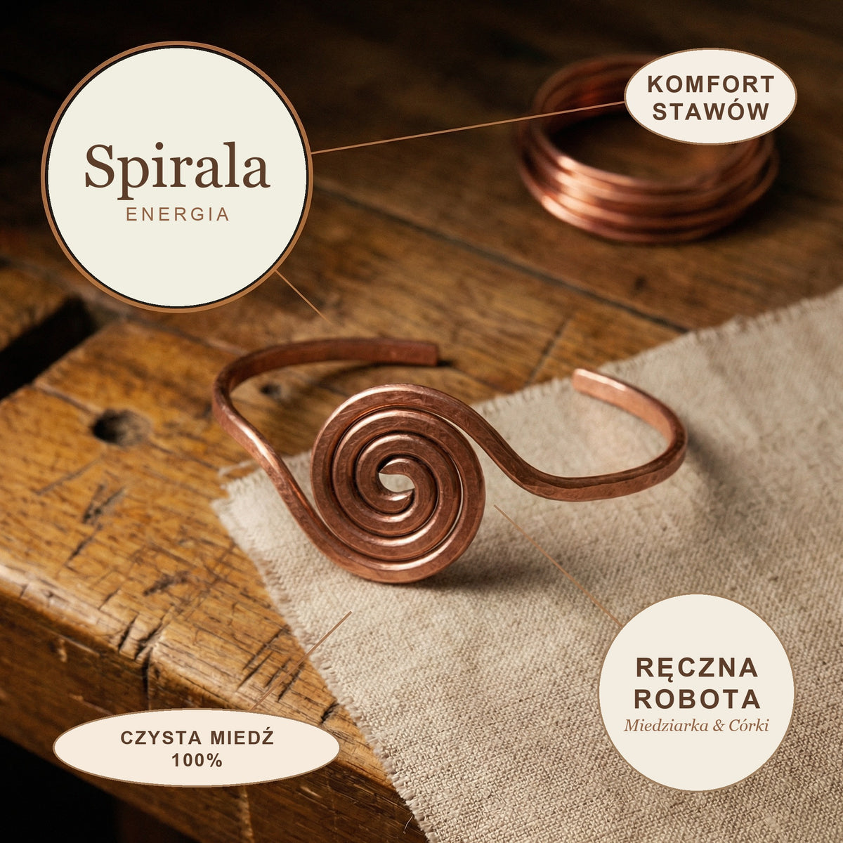 Bransoletka na Kostkę Miedziana Spirala, energia miedzi