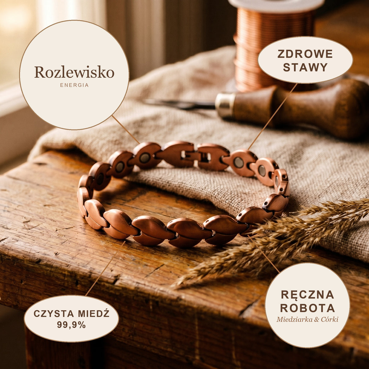 Bransoletka na Kostkę Miedziana Rozlewisko, energia miedzi