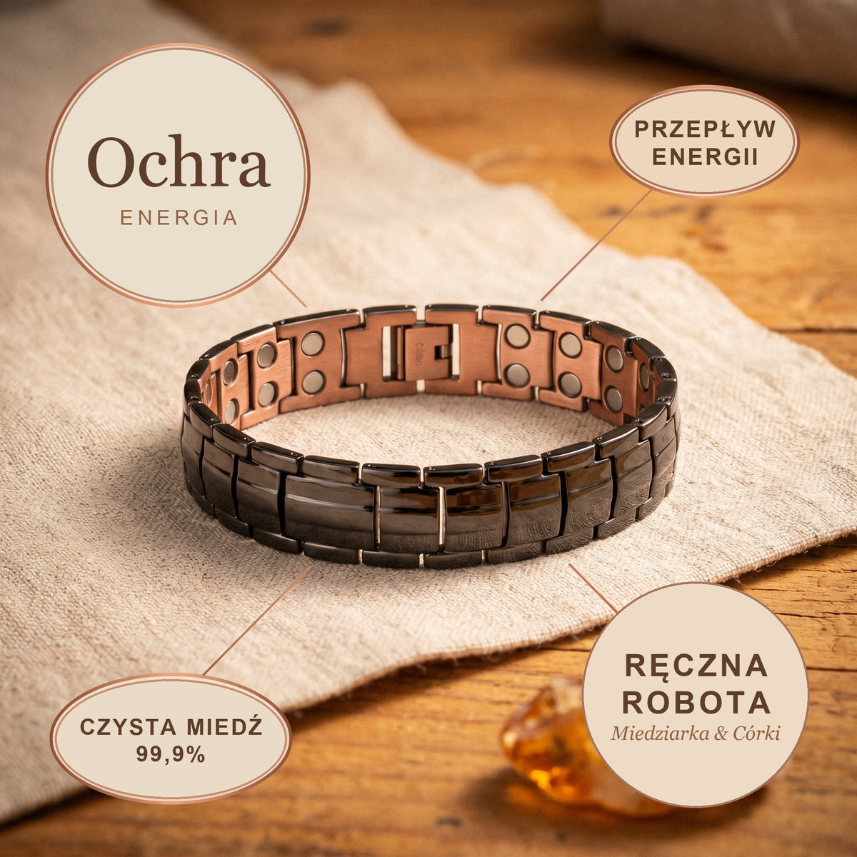 Bransoletka Miedziana Męska Ochra, energia miedzi