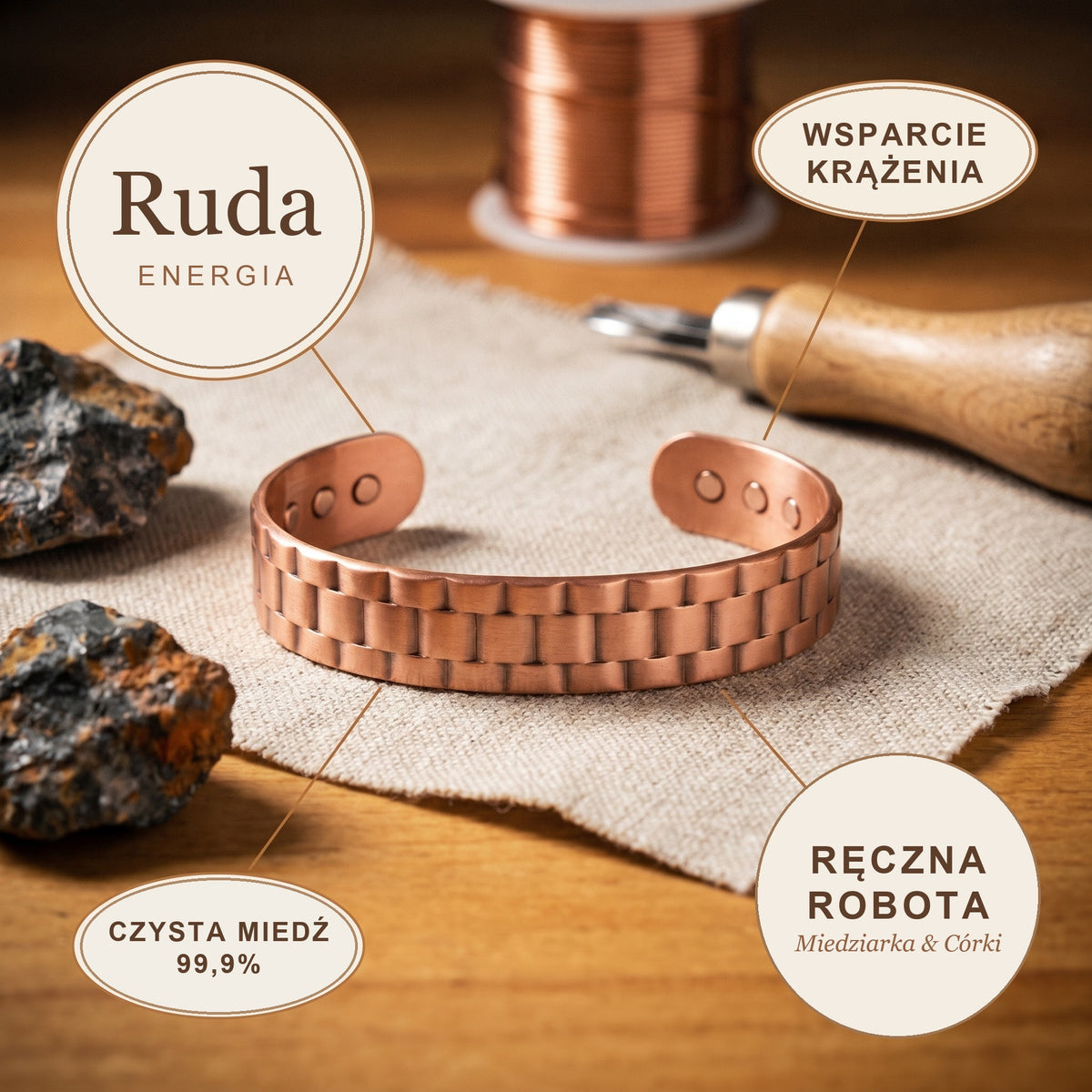 Bransoletka Miedziana Męska Ruda, energia miedzi