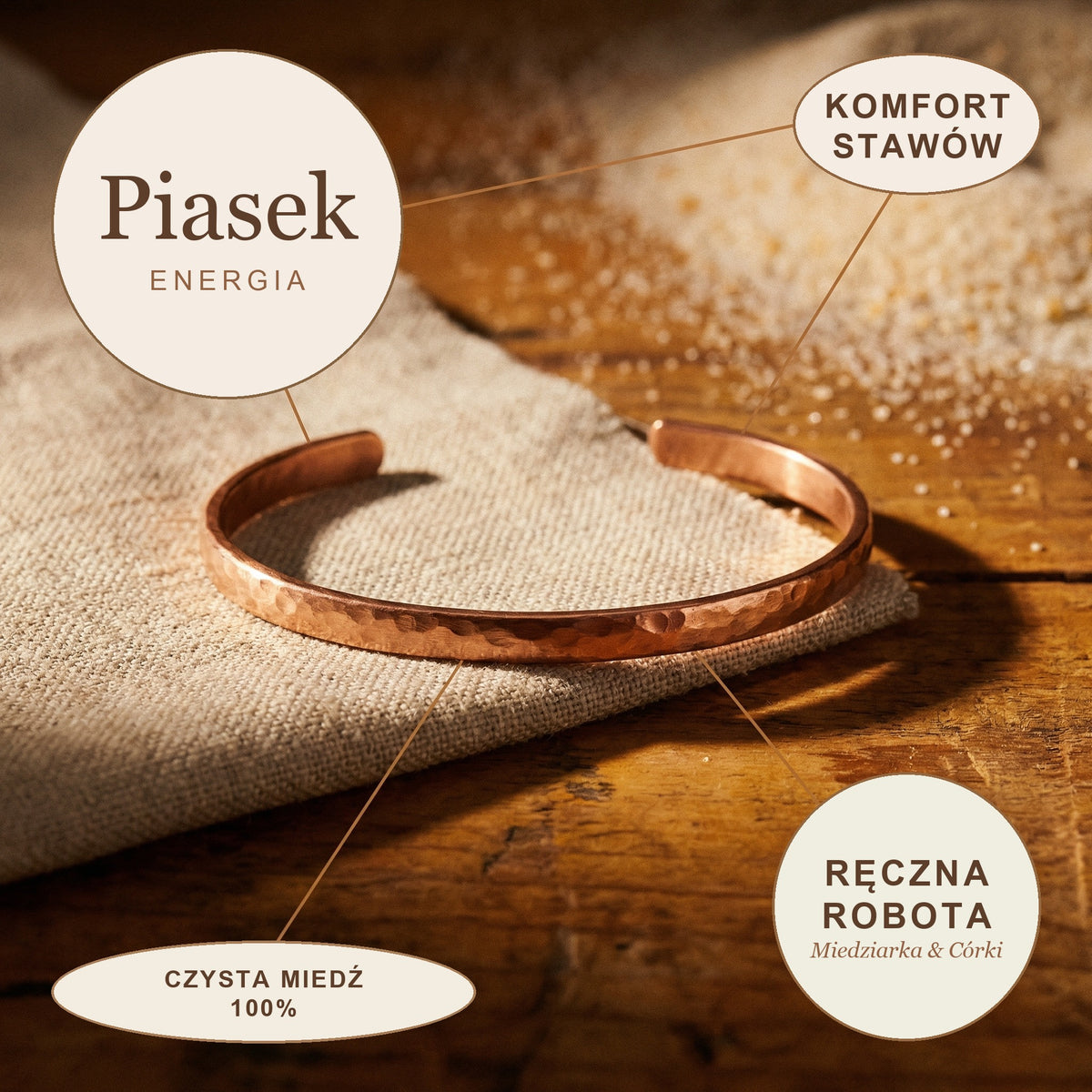 Bransoletka na Kostkę Miedziana Piasek, energia miedzi